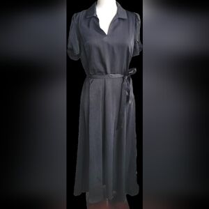 DKNY Black Satin Midi Dress Size 8 NWT Tie Waist Elegant New